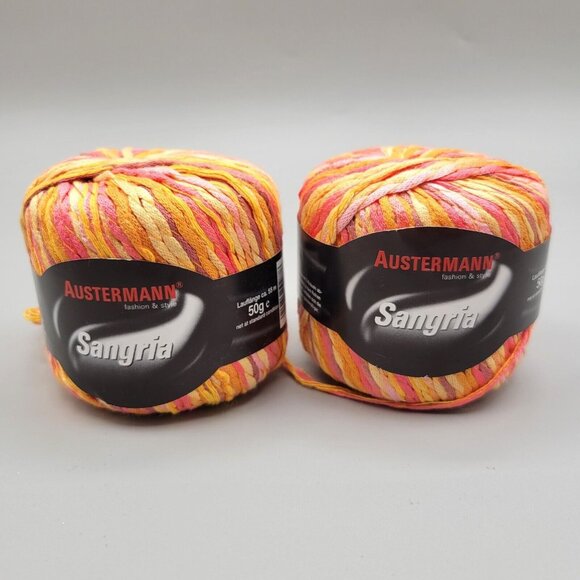 Austermann Sangria Yarn Orange Yellow Pink Lot of 2 Cakes Cotton Blend Twisted - Picture 1 of 7